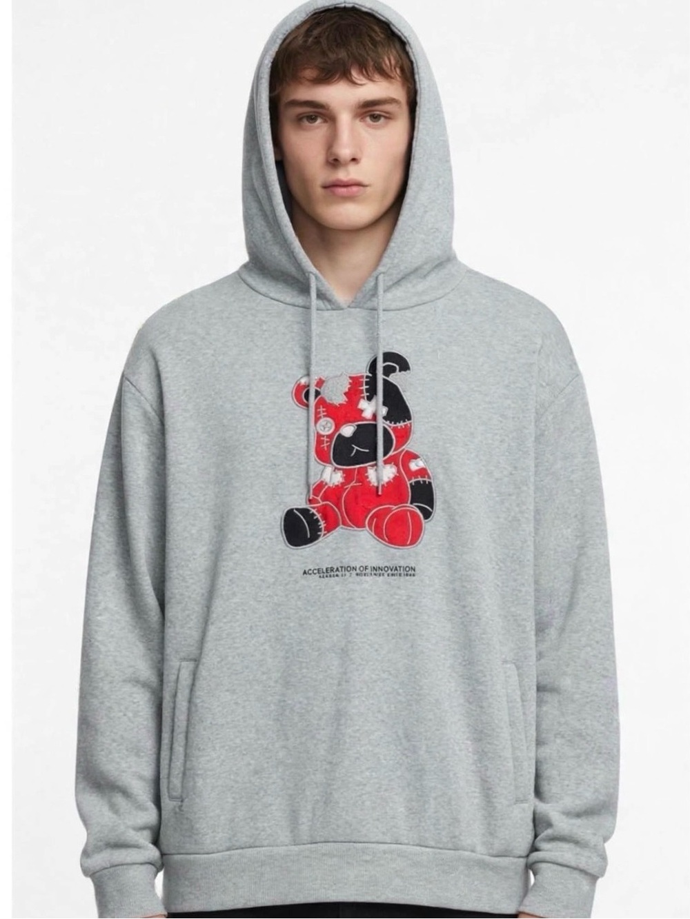 Track 23‎ Intelligent Design Mens Gray Teddy Bear Graphic Hoodie Sweatshirt L